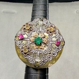 Vintage Large Yellow Lucite Dome Statement Ring Filigree Rhinestone Adjustable